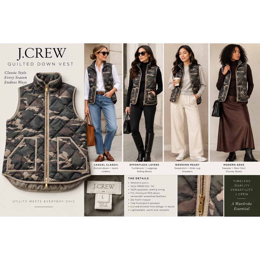 J.Crew Womens L Camo Quilted Down Puffer Vest 2014 Utility Military 02533